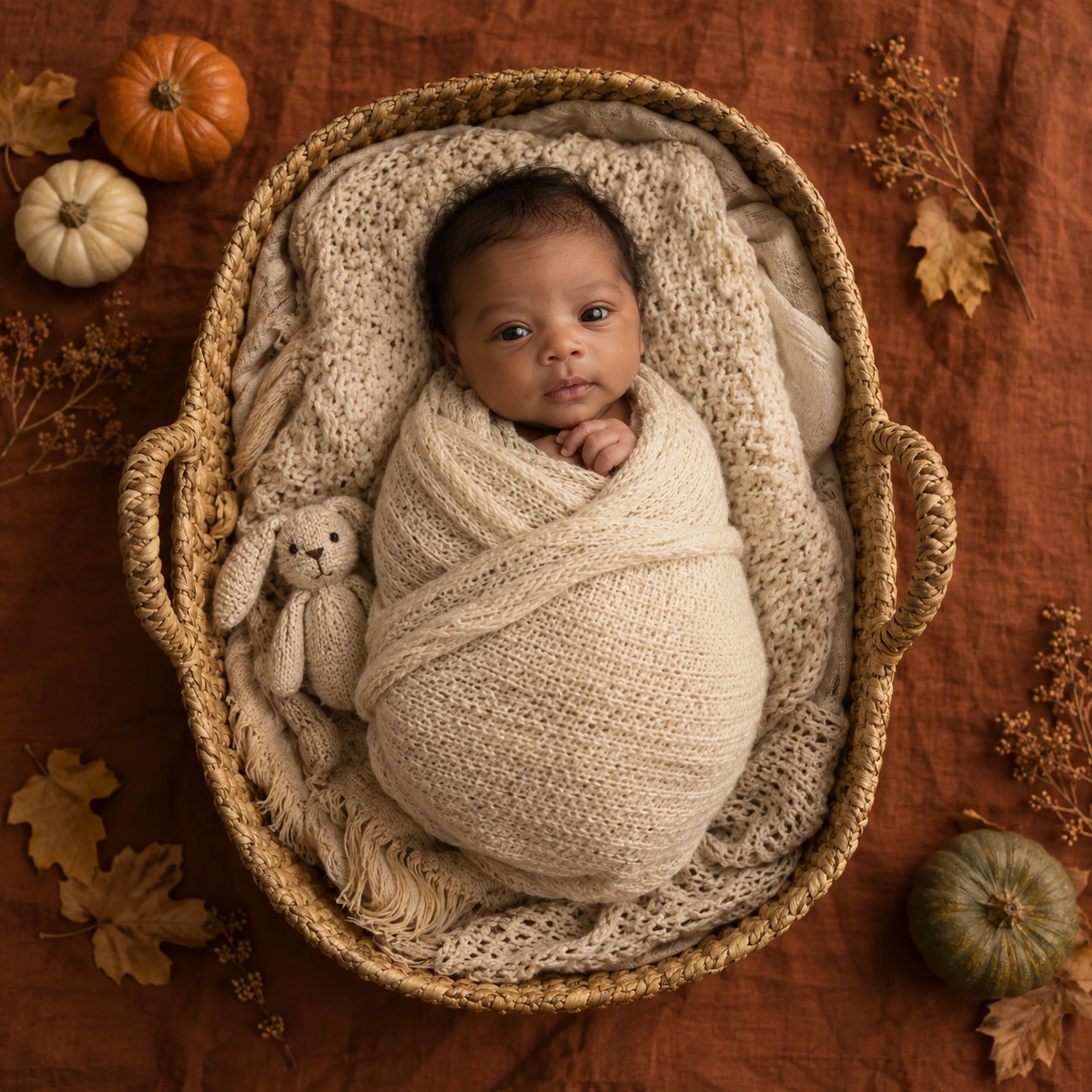 Awake newborn in a cream knit wrap in a basket with autumn leaves and pumpkins