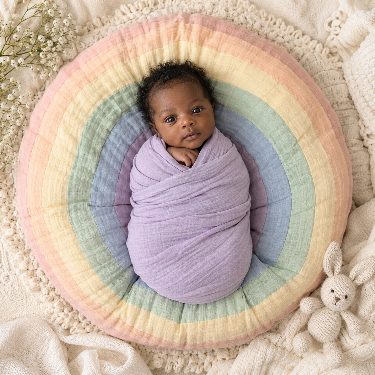 Awake newborn wrapped in lavender on a pastel rainbow cushion beside a knitted bunny