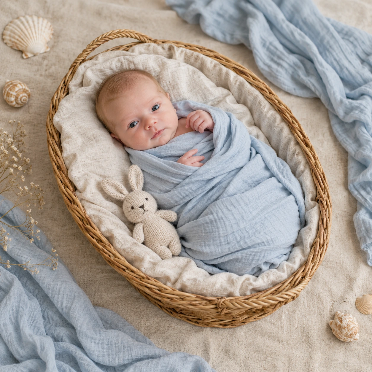 Awake newborn in a blue wrap in a coastal basket beside a knitted bunny