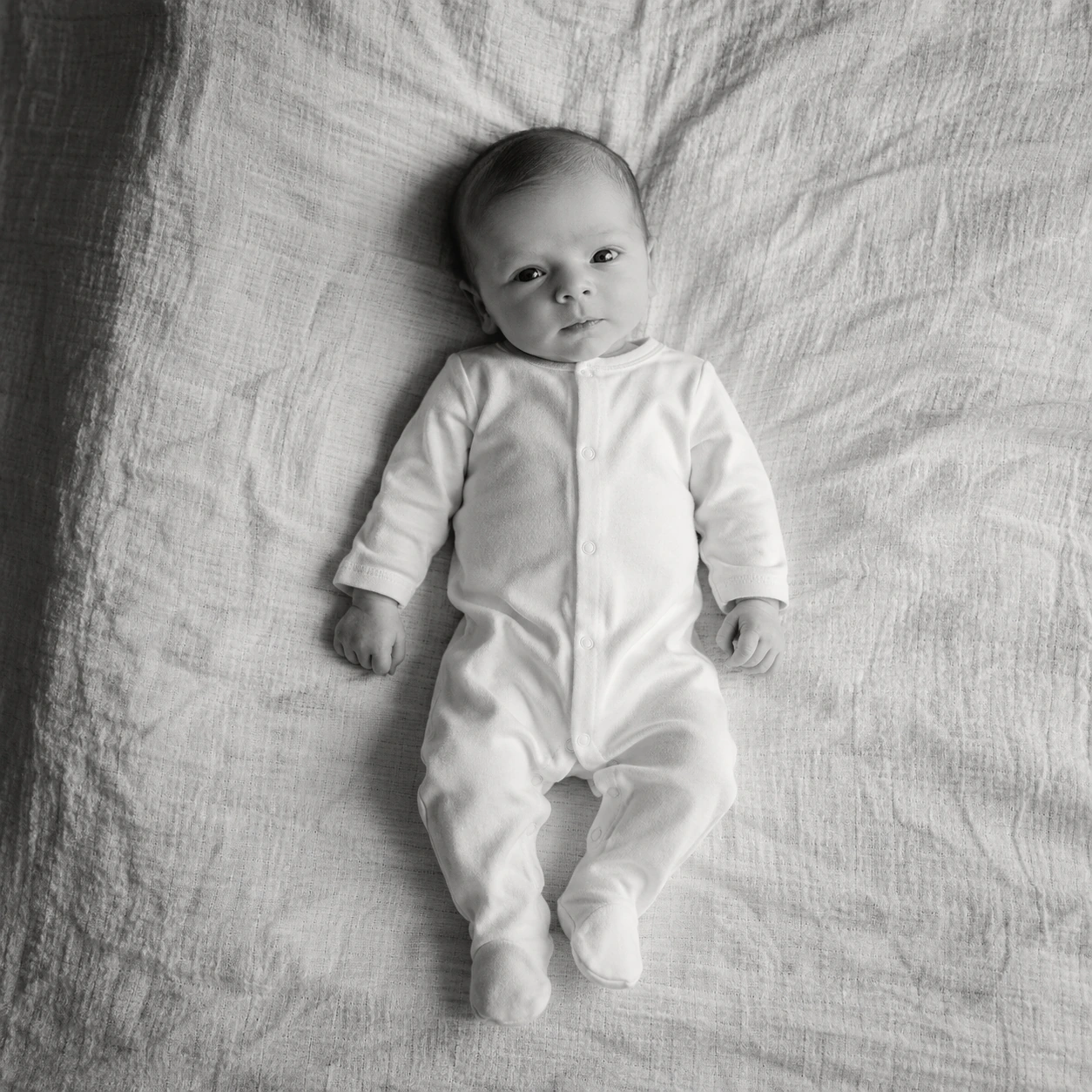 Black-and-white portrait of an awake newborn in a light romper on linen