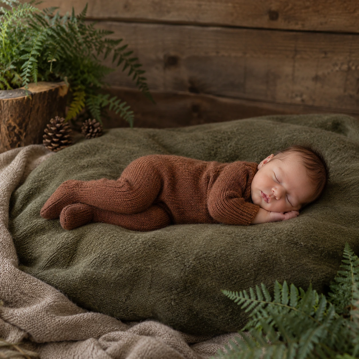 Sleeping newborn curled in a brown knit romper on olive wool with woodland foliage